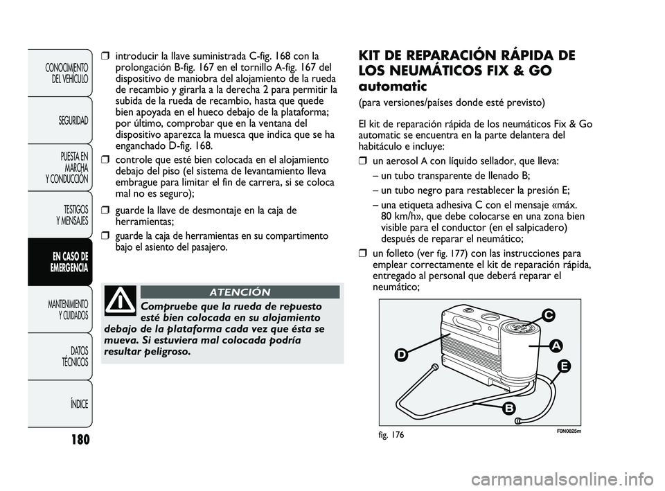 FIAT DUCATO 2010  Manual de Empleo y Cuidado (in Spanish) 180
CONOCIMIENTO
DEL VEHÍCULO
SEGURIDAD
PUESTA EN
MARCHA
Y CONDUCCIÓN
TESTIGOS
Y MENSAJES
EN CASO DE
EMERGENCIA
MANTENIMIENTO
Y CUIDADOS
DATOS
TÉCNICOS
ÍNDICE
E
F0N0825mfig. 176
KIT DE REPARACIÓN