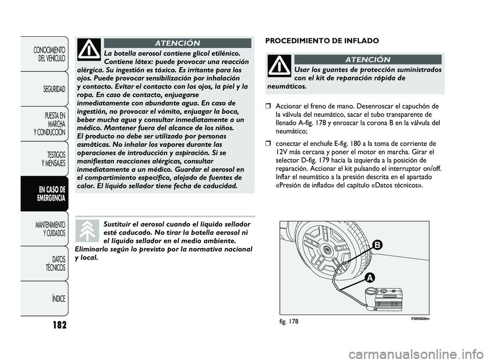 FIAT DUCATO 2010  Manual de Empleo y Cuidado (in Spanish) 182
CONOCIMIENTO
DEL VEHÍCULO
SEGURIDAD
PUESTA EN
MARCHA
Y CONDUCCIÓN
TESTIGOS
Y MENSAJES
EN CASO DE
EMERGENCIA
MANTENIMIENTO
Y CUIDADOS
DATOS
TÉCNICOS
ÍNDICE
F0N0826mfig. 178
PROCEDIMIENTO DE INF
