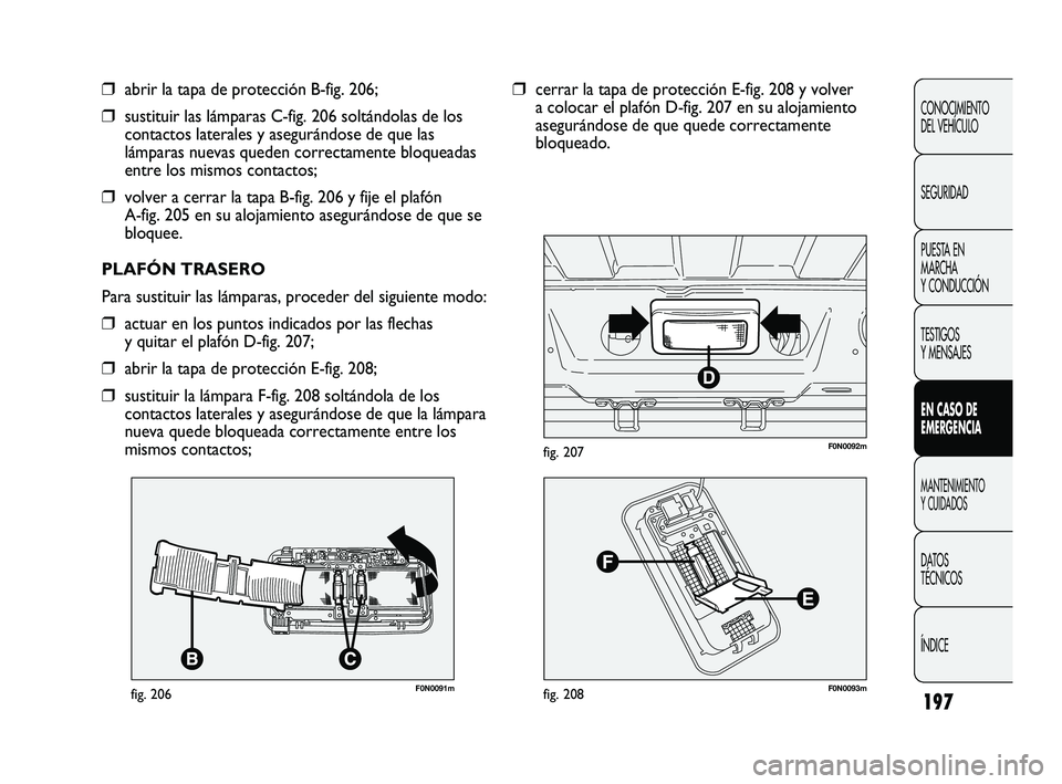 FIAT DUCATO 2010 Manual de Empleo y Cuidado (in Spanish) 197
CONOCIMIENTO
DEL VEHÍCULO
SEGURIDAD
PUESTA EN
MARCHA
Y CONDUCCIÓN
TESTIGOS
Y MENSAJES
EN CASO DE
EMERGENCIA
MANTENIMIENTO
Y CUIDADOS
DATOS
TÉCNICOS
ÍNDICE
F0N0091mfig. 206
❒abrir la tapa de FIAT DUCATO 2010 Manual de Empleo y Cuidado (in Spanish) 197
CONOCIMIENTO
DEL VEHÍCULO
SEGURIDAD
PUESTA EN
MARCHA
Y CONDUCCIÓN
TESTIGOS
Y MENSAJES
EN CASO DE
EMERGENCIA
MANTENIMIENTO
Y CUIDADOS
DATOS
TÉCNICOS
ÍNDICE
F0N0091mfig. 206
❒abrir la tapa de