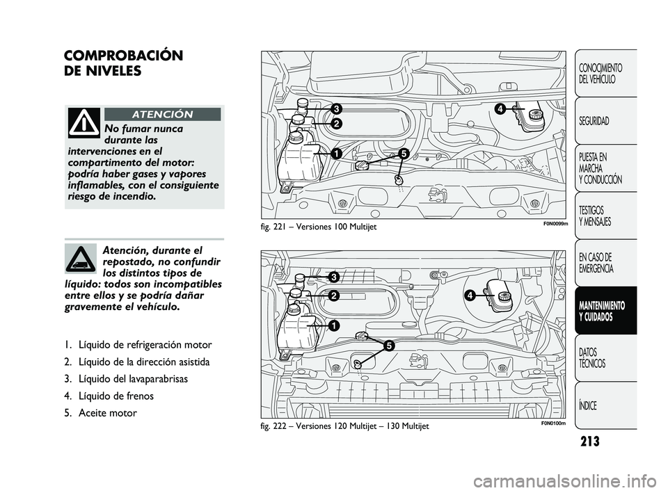 FIAT DUCATO 2009  Manual de Empleo y Cuidado (in Spanish) 213
COMPROBACIÓN
DE NIVELES 
CONOCIMIENTO
DEL VEHÍCULO
SEGURIDAD
PUESTA EN
MARCHA
Y CONDUCCIÓN
TESTIGOS
Y MENSAJES
EN CASO DE
EMERGENCIA
MANTENIMIENTO
Y CUIDADOS
DATOS
TÉCNICOS
ÍNDICE
fig. 221 