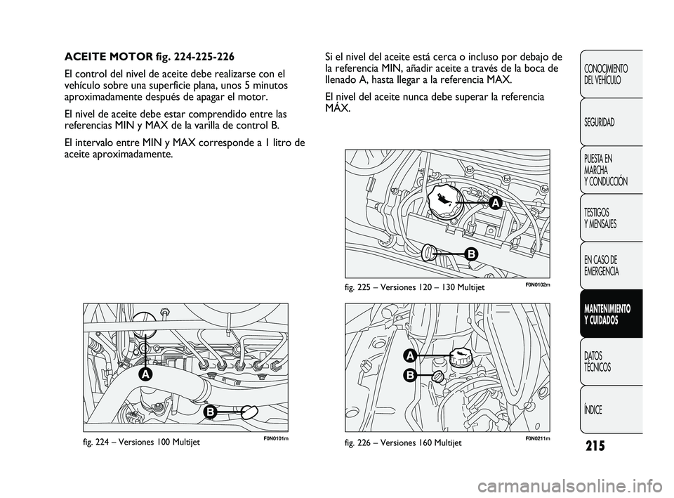 FIAT DUCATO 2009  Manual de Empleo y Cuidado (in Spanish) 215
F0N0101mfig. 224 – Versiones 100 MultijetF0N0211mfig. 226 – Versiones 160 Multijet
F0N0102mfig. 225 – Versiones 120 – 130 Multijet
Si el nivel del aceite está cerca o incluso por debajo d