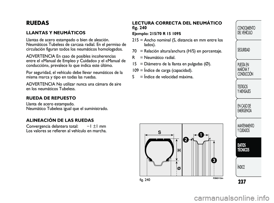 FIAT DUCATO 2009  Manual de Empleo y Cuidado (in Spanish) 237
RUEDAS
LLANTAS Y NEUMÁTICOS
Llantas de acero estampado o bien de aleación.
Neumáticos Tubeless de carcasa radial. En el permiso de
circulación figuran todos los neumáticos homologados.
ADVERT