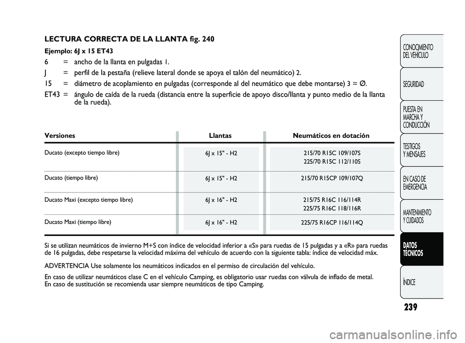 FIAT DUCATO 2009  Manual de Empleo y Cuidado (in Spanish) 239
CONOCIMIENTO
DEL VEHÍCULO
SEGURIDAD
PUESTA EN
MARCHA Y
CONDUCCIÓN
TESTIGOS
Y MENSAJES
EN CASO DE
EMERGENCIA
MANTENIMIENTO
Y CUIDADOS
DATOS
TÉCNICOS
ÍNDICE
LECTURA CORRECTA DE LA LLANTA fig. 24