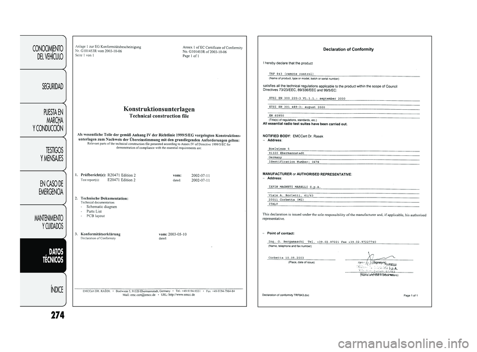 FIAT DUCATO 2009 Manual de Empleo y Cuidado (in Spanish) 274
CONOCIMIENTO
DEL VEHÍCULO
SEGURIDAD
PUESTA EN
MARCHA
Y CONDUCCIÓN
TESTIGOS
Y MENSAJES
EN CASO DE
EMERGENCIA
MANTENIMIENTO
Y CUIDADOS
DATOS
TÉCNICOS
ÍNDICE
Pagine_ITA.indd 118-05-2005 11:53:40
FIAT DUCATO 2009 Manual de Empleo y Cuidado (in Spanish) 274
CONOCIMIENTO
DEL VEHÍCULO
SEGURIDAD
PUESTA EN
MARCHA
Y CONDUCCIÓN
TESTIGOS
Y MENSAJES
EN CASO DE
EMERGENCIA
MANTENIMIENTO
Y CUIDADOS
DATOS
TÉCNICOS
ÍNDICE
Pagine_ITA.indd 118-05-2005 11:53:40