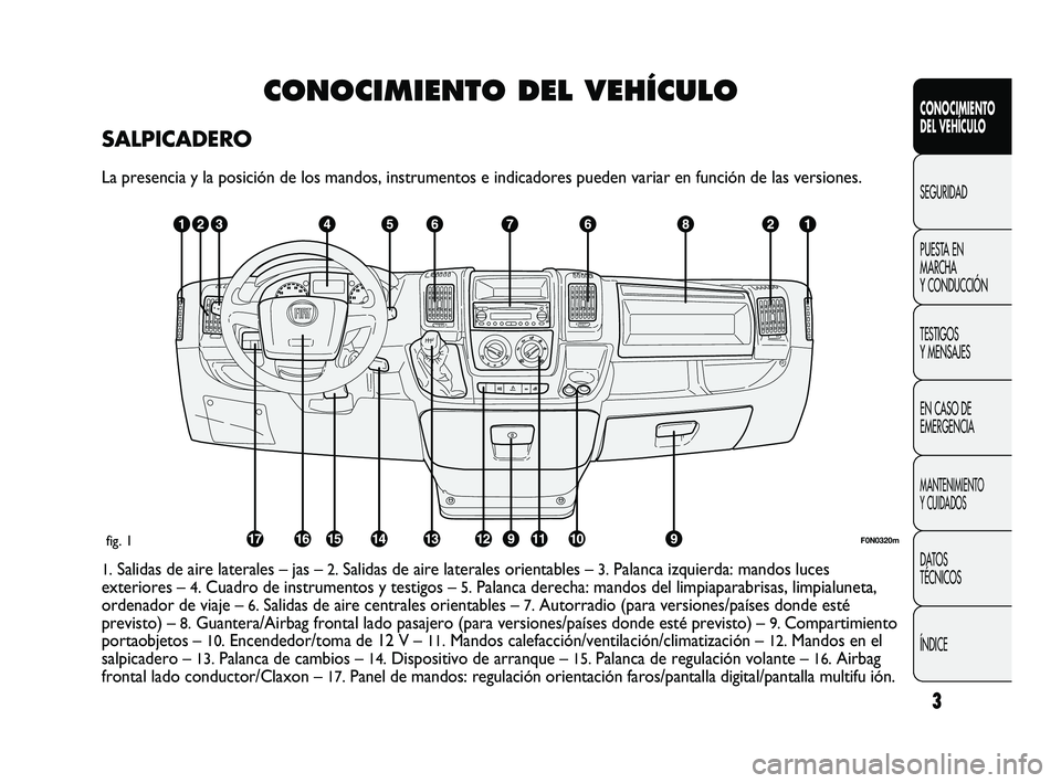 FIAT DUCATO 2010 Manual de Empleo y Cuidado (in Spanish) 3
CONOCIMIENTO
DEL VEHÍCULO
SEGURIDAD
PUESTA EN
MARCHA
Y CONDUCCIÓN
TESTIGOS
Y MENSAJES
EN CASO DE
EMERGENCIA
MANTENIMIENTO
Y CUIDADOS
DATOS
TÉCNICOS
ÍNDICE
CONOCIMIENTO DEL VEHÍCULO
SALPICADERO
FIAT DUCATO 2010 Manual de Empleo y Cuidado (in Spanish) 3
CONOCIMIENTO
DEL VEHÍCULO
SEGURIDAD
PUESTA EN
MARCHA
Y CONDUCCIÓN
TESTIGOS
Y MENSAJES
EN CASO DE
EMERGENCIA
MANTENIMIENTO
Y CUIDADOS
DATOS
TÉCNICOS
ÍNDICE
CONOCIMIENTO DEL VEHÍCULO
SALPICADERO