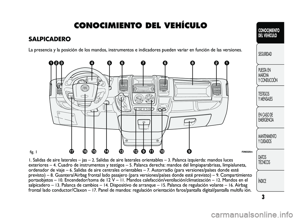 FIAT DUCATO 2009  Manual de Empleo y Cuidado (in Spanish) 3
CONOCIMIENTO
DEL VEHÍCULO
SEGURIDAD
PUESTA EN
MARCHA
Y CONDUCCIÓN
TESTIGOS
Y MENSAJES
EN CASO DE
EMERGENCIA
MANTENIMIENTO
Y CUIDADOS
DATOS
TÉCNICOS
ÍNDICE
CONOCIMIENTO DEL VEHÍCULO
SALPICADERO
