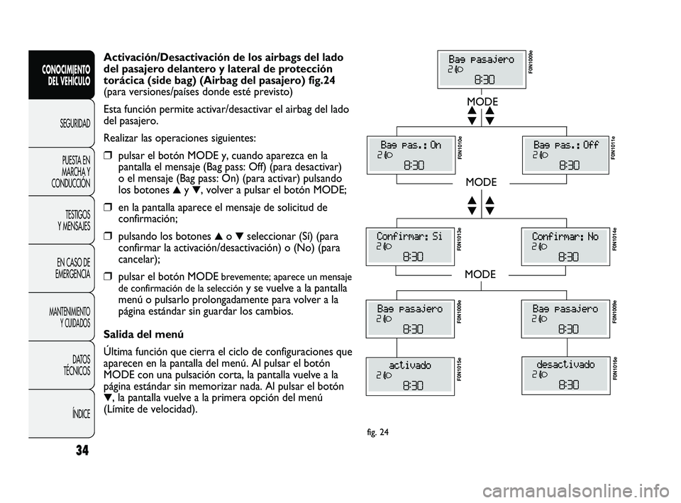 FIAT DUCATO 2009 Manual de Empleo y Cuidado (in Spanish) 34
CONOCIMIENTO
DEL VEHÍCULO
SEGURIDAD
PUESTA EN
MARCHA Y
CONDUCCIÓN
TESTIGOS
Y MENSAJES
EN CASO DE
EMERGENCIA
MANTENIMIENTO
Y CUIDADOS
DATOS
TÉCNICOS
ÍNDICE
MODE
MODE
MODE
▼ ▲
▼ ▲
▼ ▲ FIAT DUCATO 2009 Manual de Empleo y Cuidado (in Spanish) 34
CONOCIMIENTO
DEL VEHÍCULO
SEGURIDAD
PUESTA EN
MARCHA Y
CONDUCCIÓN
TESTIGOS
Y MENSAJES
EN CASO DE
EMERGENCIA
MANTENIMIENTO
Y CUIDADOS
DATOS
TÉCNICOS
ÍNDICE
MODE
MODE
MODE
▼ ▲
▼ ▲
▼ ▲