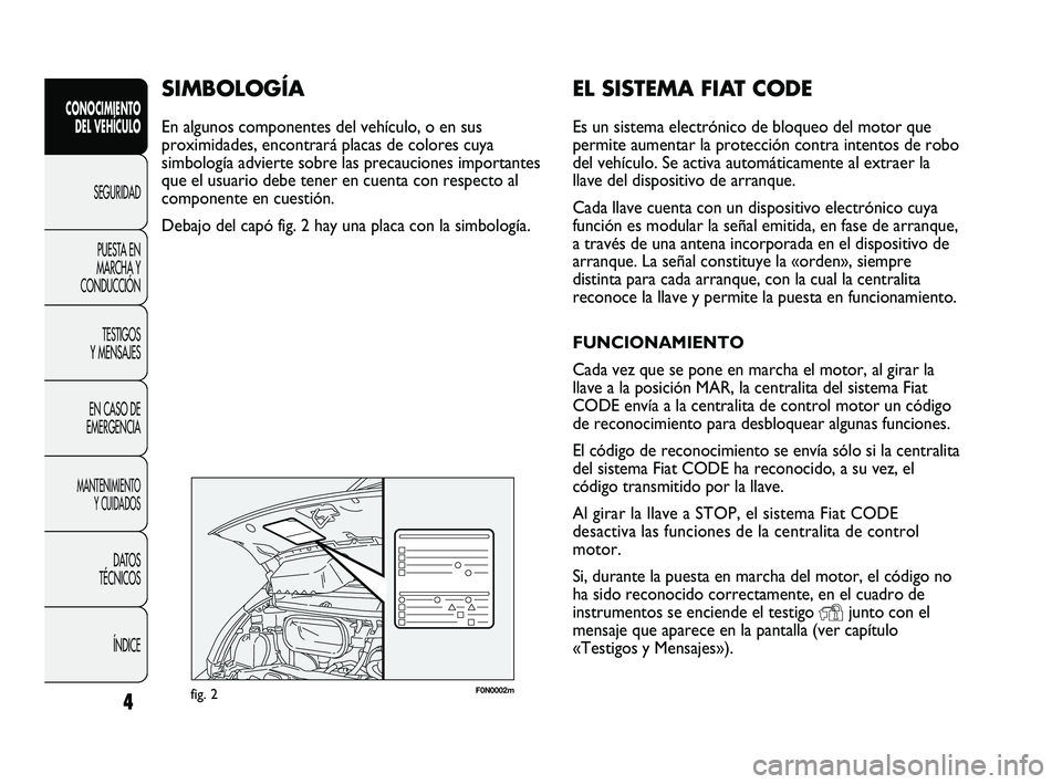 FIAT DUCATO 2010  Manual de Empleo y Cuidado (in Spanish) 4
CONOCIMIENTO
DEL VEHÍCULO
SEGURIDAD
PUESTA EN
MARCHA Y
CONDUCCIÓN
TESTIGOS
Y MENSAJES
EN CASO DE
EMERGENCIA
MANTENIMIENTO
Y CUIDADOS
DATOS
TÉCNICOS
ÍNDICE
F0N0002mfig. 2
EL SISTEMA FIAT CODE
Es 