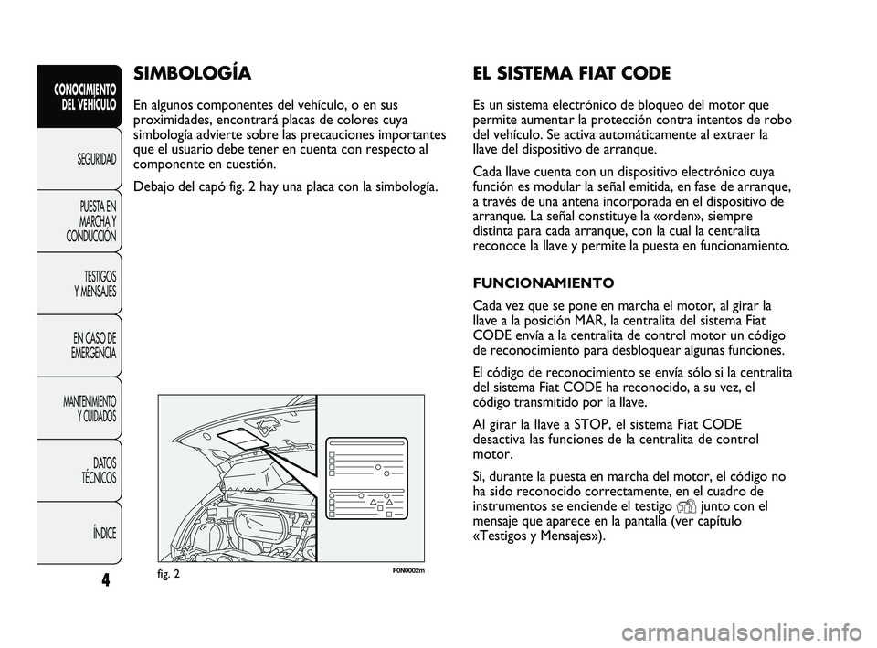 FIAT DUCATO 2010 Manual de Empleo y Cuidado (in Spanish) 4
CONOCIMIENTO
DEL VEHÍCULO
SEGURIDAD
PUESTA EN
MARCHA Y
CONDUCCIÓN
TESTIGOS
Y MENSAJES
EN CASO DE
EMERGENCIA
MANTENIMIENTO
Y CUIDADOS
DATOS
TÉCNICOS
ÍNDICE
F0N0002mfig. 2
EL SISTEMA FIAT CODE
Es FIAT DUCATO 2010 Manual de Empleo y Cuidado (in Spanish) 4
CONOCIMIENTO
DEL VEHÍCULO
SEGURIDAD
PUESTA EN
MARCHA Y
CONDUCCIÓN
TESTIGOS
Y MENSAJES
EN CASO DE
EMERGENCIA
MANTENIMIENTO
Y CUIDADOS
DATOS
TÉCNICOS
ÍNDICE
F0N0002mfig. 2
EL SISTEMA FIAT CODE
Es