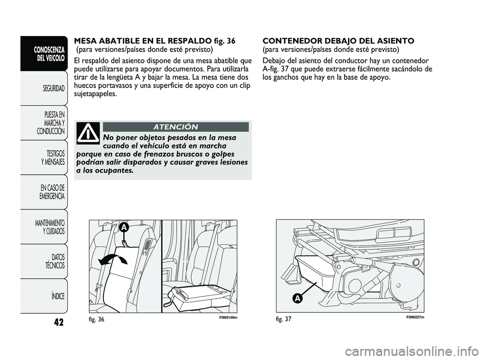 FIAT DUCATO 2010 Manual de Empleo y Cuidado (in Spanish) F0N0237mfig. 37
CONTENEDOR DEBAJO DEL ASIENTO
(para versiones/países donde esté previsto)
Debajo del asiento del conductor hay un contenedor
A-fig. 37 que puede extraerse fácilmente sacándolo de
FIAT DUCATO 2010 Manual de Empleo y Cuidado (in Spanish) F0N0237mfig. 37
CONTENEDOR DEBAJO DEL ASIENTO
(para versiones/países donde esté previsto)
Debajo del asiento del conductor hay un contenedor
A-fig. 37 que puede extraerse fácilmente sacándolo de