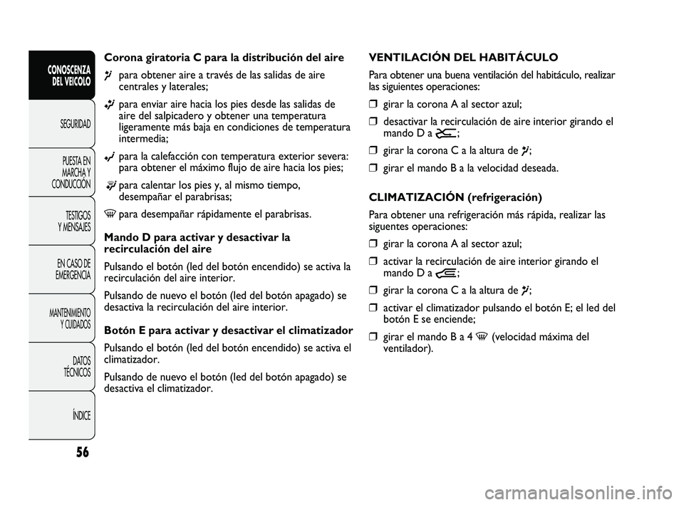 FIAT DUCATO 2010 Manual de Empleo y Cuidado (in Spanish) 56
CONOSCENZA
DEL VEICOLO
SEGURIDAD
PUESTA EN
MARCHA Y
CONDUCCIÓN
TESTIGOS
Y MENSAJES
EN CASO DE
EMERGENCIA
MANTENIMIENTO
Y CUIDADOS
DATOS
TÉCNICOS
ÍNDICE
Corona giratoria C para la distribución d FIAT DUCATO 2010 Manual de Empleo y Cuidado (in Spanish) 56
CONOSCENZA
DEL VEICOLO
SEGURIDAD
PUESTA EN
MARCHA Y
CONDUCCIÓN
TESTIGOS
Y MENSAJES
EN CASO DE
EMERGENCIA
MANTENIMIENTO
Y CUIDADOS
DATOS
TÉCNICOS
ÍNDICE
Corona giratoria C para la distribución d
