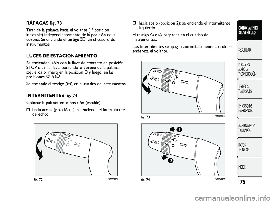 FIAT DUCATO 2010  Manual de Empleo y Cuidado (in Spanish) 75
F0N0033mfig. 72
F0N0034mfig. 73
❒hacia abajo (posición 2): se enciende el intermitente
izquierdo.
El testigo 
Fo 
Dparpadea en el cuadro de
instrumentos.
Los intermitentes se apagan automáticam
