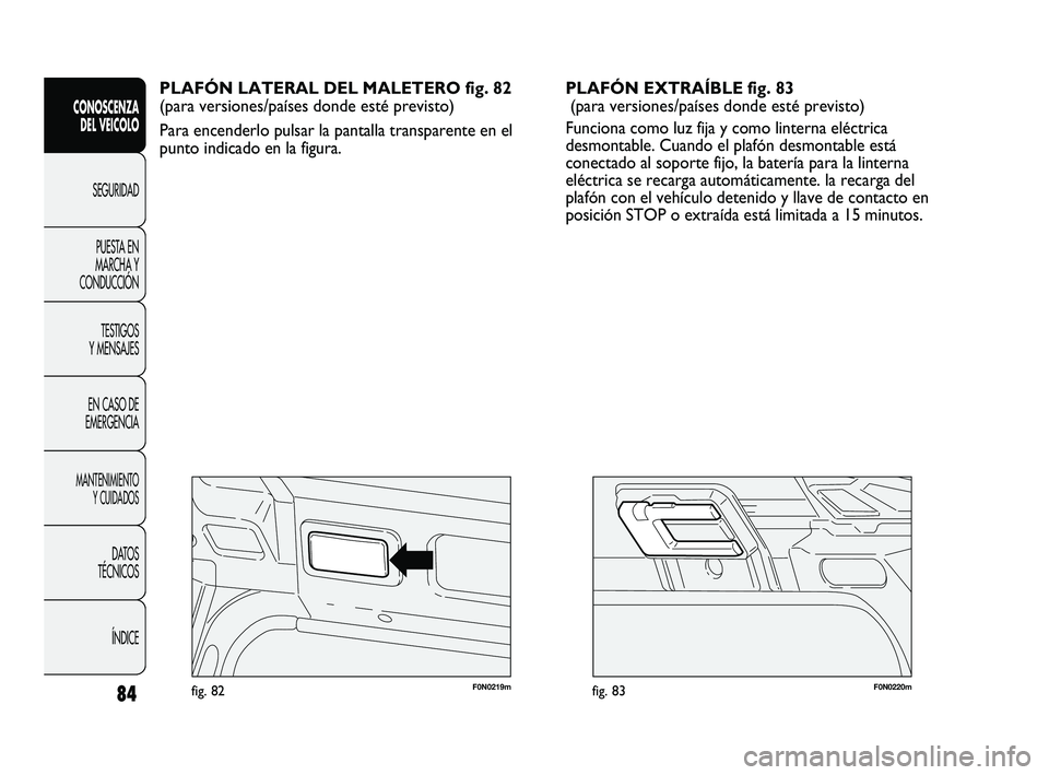 FIAT DUCATO 2010  Manual de Empleo y Cuidado (in Spanish) 84
CONOSCENZA
DEL VEICOLO
SEGURIDAD
PUESTA EN
MARCHA Y
CONDUCCIÓN
TESTIGOS
Y MENSAJES
EN CASO DE
EMERGENCIA
MANTENIMIENTO
Y CUIDADOS
DATOS
TÉCNICOS
ÍNDICE
F0N0220mfig. 83F0N0219mfig. 82
PLAFÓN EXT