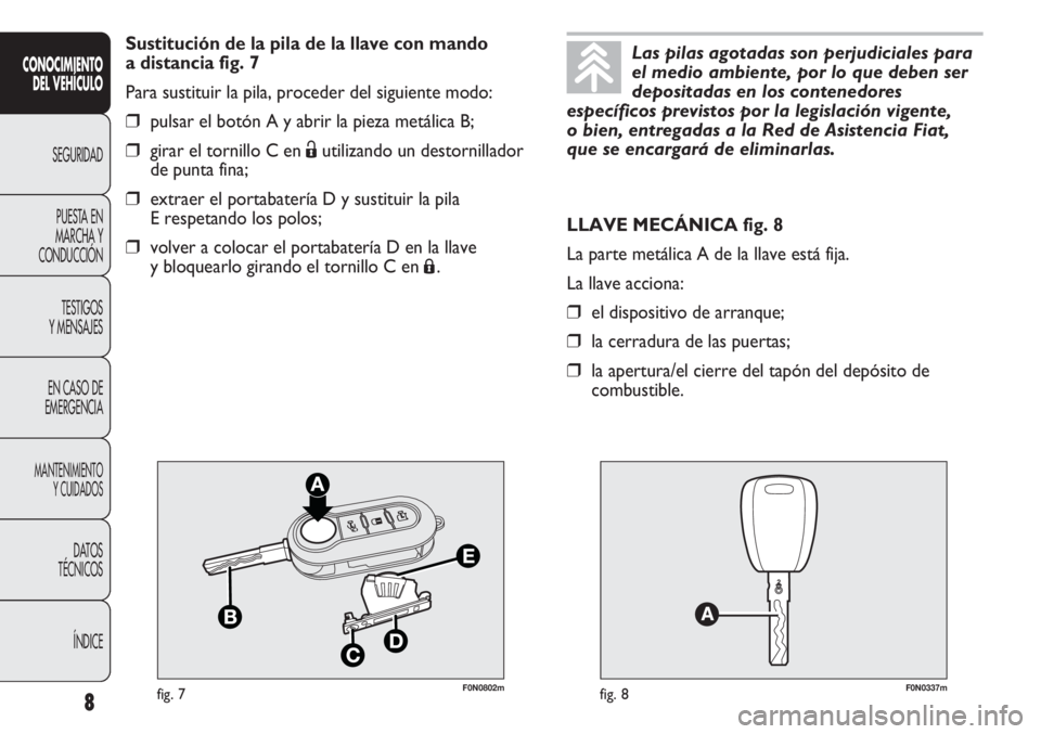 FIAT DUCATO 2011  Manual de Empleo y Cuidado (in Spanish) F0N0802mfig. 7F0N0337mfig. 8
LLAVE MECÁNICA fig. 8
La parte metálica A de la llave está fija.
La llave acciona:
❒el dispositivo de arranque;
❒la cerradura de las puertas;
❒la apertura/el cier