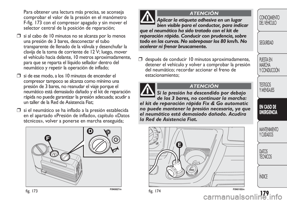 FIAT DUCATO 2011  Manual de Empleo y Cuidado (in Spanish) 179
F0N0182mfig. 174F0N0827mfig. 173
Para obtener una lectura más precisa, se aconseja
comprobar el valor de la presión en el manómetro
F-fig. 173 con el compresor apagado y sin mover el
selector c