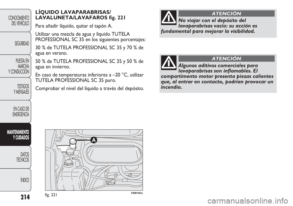 FIAT DUCATO 2011  Manual de Empleo y Cuidado (in Spanish) F0N0105mfig. 221214
CONOCIMIENTO
DEL VEHÍCULO
SEGURIDAD
PUESTA EN
MARCHA
Y CONDUCCIÓN
TESTIGOS
Y MENSAJES
EN CASO DE
EMERGENCIA
MANTENIMIENTO
Y CUIDADOS
DATOS
TÉCNICOS
ÍNDICE
LÍQUIDO LAVAPARABRIS