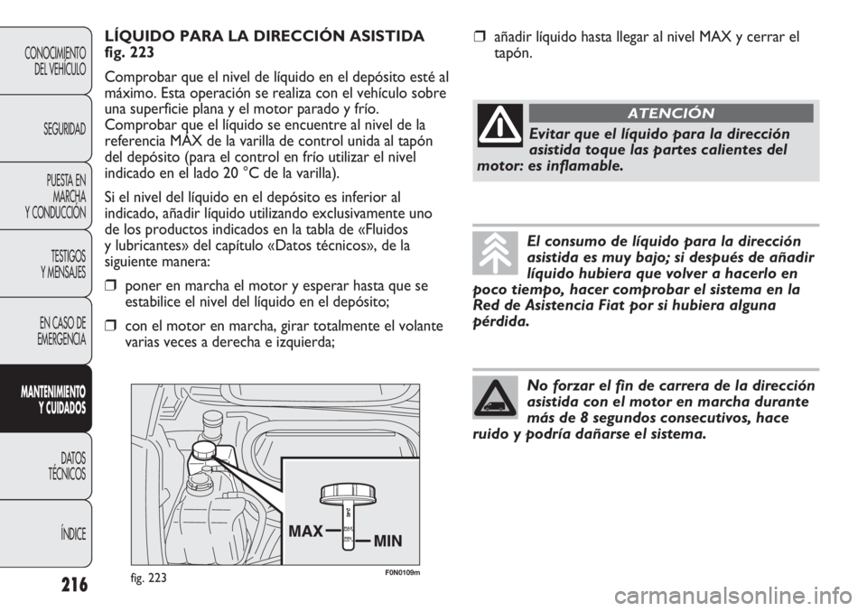 FIAT DUCATO 2011  Manual de Empleo y Cuidado (in Spanish) F0N0109mfig. 223
LÍQUIDO PARA LA DIRECCIÓN ASISTIDA
fig. 223
Comprobar que el nivel de líquido en el depósito esté al
máximo. Esta operación se realiza con el vehículo sobre
una superficie pla