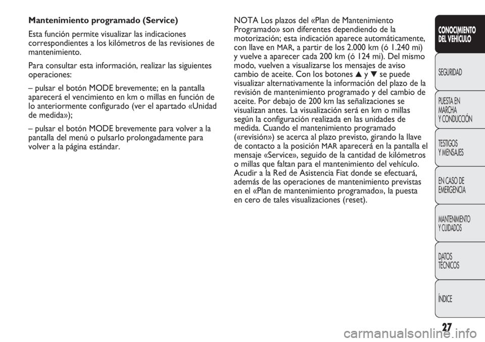 FIAT DUCATO 2011 Manual de Empleo y Cuidado (in Spanish) 27
CONOCIMIENTO
DEL VEHÍCULO
SEGURIDAD
PUESTA EN
MARCHA
Y CONDUCCIÓN
TESTIGOS
Y MENSAJES
EN CASO DE
EMERGENCIA
MANTENIMIENTO
Y CUIDADOS
DATOS
TÉCNICOS
ÍNDICE
NOTA Los plazos del «Plan de Mantenim FIAT DUCATO 2011 Manual de Empleo y Cuidado (in Spanish) 27
CONOCIMIENTO
DEL VEHÍCULO
SEGURIDAD
PUESTA EN
MARCHA
Y CONDUCCIÓN
TESTIGOS
Y MENSAJES
EN CASO DE
EMERGENCIA
MANTENIMIENTO
Y CUIDADOS
DATOS
TÉCNICOS
ÍNDICE
NOTA Los plazos del «Plan de Mantenim