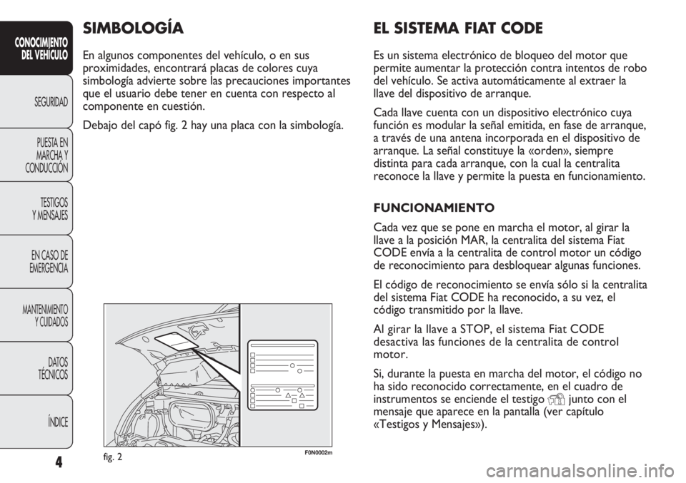 FIAT DUCATO 2011  Manual de Empleo y Cuidado (in Spanish) 4
CONOCIMIENTO
DEL VEHÍCULO
SEGURIDAD
PUESTA EN
MARCHA Y
CONDUCCIÓN
TESTIGOS
Y MENSAJES
EN CASO DE
EMERGENCIA
MANTENIMIENTO
Y CUIDADOS
DATOS
TÉCNICOS
ÍNDICE
F0N0002mfig. 2
EL SISTEMA FIAT CODE
Es 