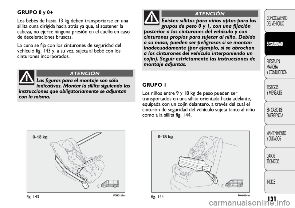 FIAT DUCATO 2013 Manual de Empleo y Cuidado (in Spanish) 131
F0N0123mfig. 143
CONOCIMIENTO
DEL VEHÍCULO
SEGURIDAD
PUESTA EN
MARCHA
Y CONDUCCIÓN
TESTIGOS
Y MENSAJES
EN CASO DE
EMERGENCIA
MANTENIMIENTO
Y CUIDADOS
DATOS
TÉCNICOS
ÍNDICE
GRUPO 0 y 0+
Los beb FIAT DUCATO 2013 Manual de Empleo y Cuidado (in Spanish) 131
F0N0123mfig. 143
CONOCIMIENTO
DEL VEHÍCULO
SEGURIDAD
PUESTA EN
MARCHA
Y CONDUCCIÓN
TESTIGOS
Y MENSAJES
EN CASO DE
EMERGENCIA
MANTENIMIENTO
Y CUIDADOS
DATOS
TÉCNICOS
ÍNDICE
GRUPO 0 y 0+
Los beb