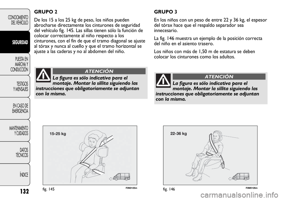 FIAT DUCATO 2013 Manual de Empleo y Cuidado (in Spanish) 132
CONOCIMIENTO
DEL VEHÍCULO
SEGURIDAD
PUESTA EN
MARCHA Y
CONDUCCIÓN
TESTIGOS
Y MENSAJES
EN CASO DE
EMERGENCIA
MANTENIMIENTO
Y CUIDADOS
DATOS
TÉCNICOS
ÍNDICE
F0N0125mfig. 145F0M0126mfig. 146
GRUP FIAT DUCATO 2013 Manual de Empleo y Cuidado (in Spanish) 132
CONOCIMIENTO
DEL VEHÍCULO
SEGURIDAD
PUESTA EN
MARCHA Y
CONDUCCIÓN
TESTIGOS
Y MENSAJES
EN CASO DE
EMERGENCIA
MANTENIMIENTO
Y CUIDADOS
DATOS
TÉCNICOS
ÍNDICE
F0N0125mfig. 145F0M0126mfig. 146
GRUP