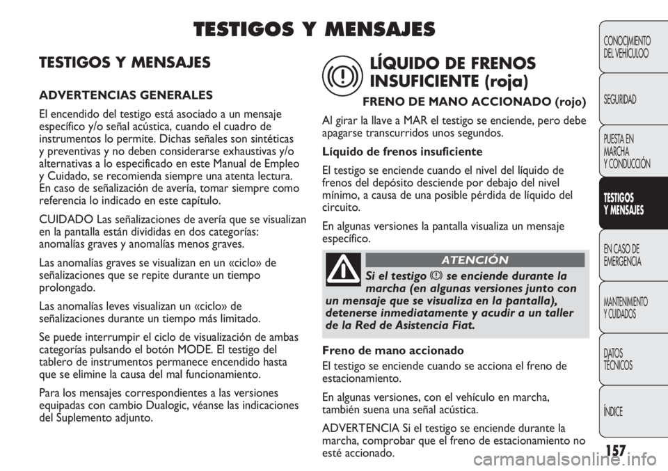 FIAT DUCATO 2013 Manual de Empleo y Cuidado (in Spanish) 157
CONOCIMIENTO
DEL VEHÍCULOO
SEGURIDAD
PUESTA EN
MARCHA
Y CONDUCCIÓN
TESTIGOS
Y MENSAJES
EN CASO DE
EMERGENCIA
MANTENIMIENTO
Y CUIDADOS
DATOS
TÉCNICOS
ÍNDICE
TESTIGOS Y MENSAJES
ADVERTENCIAS GEN FIAT DUCATO 2013 Manual de Empleo y Cuidado (in Spanish) 157
CONOCIMIENTO
DEL VEHÍCULOO
SEGURIDAD
PUESTA EN
MARCHA
Y CONDUCCIÓN
TESTIGOS
Y MENSAJES
EN CASO DE
EMERGENCIA
MANTENIMIENTO
Y CUIDADOS
DATOS
TÉCNICOS
ÍNDICE
TESTIGOS Y MENSAJES
ADVERTENCIAS GEN