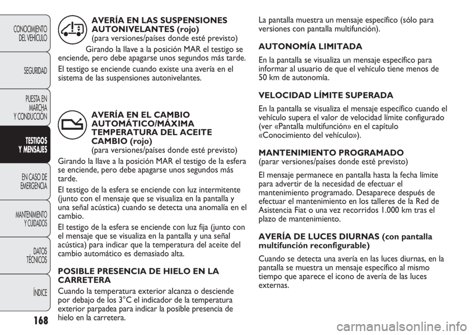 FIAT DUCATO 2013 Manual de Empleo y Cuidado (in Spanish) La pantalla muestra un mensaje específico (sólo para
versiones con pantalla multifunción).
AUTONOMÍA LIMITADA
En la pantalla se visualiza un mensaje específico para
informar al usuario de que el FIAT DUCATO 2013 Manual de Empleo y Cuidado (in Spanish) La pantalla muestra un mensaje específico (sólo para
versiones con pantalla multifunción).
AUTONOMÍA LIMITADA
En la pantalla se visualiza un mensaje específico para
informar al usuario de que el