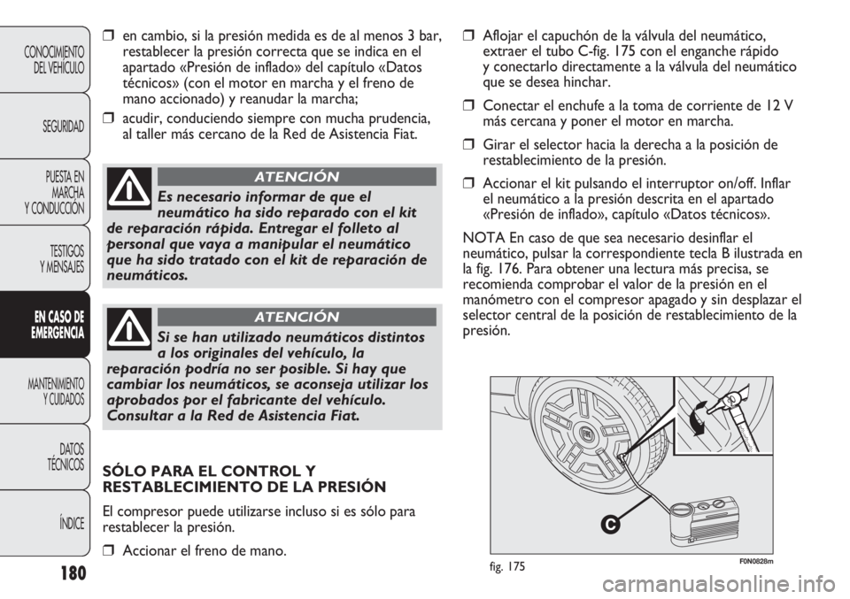 FIAT DUCATO 2013 Manual de Empleo y Cuidado (in Spanish) 180
CONOCIMIENTO
DEL VEHÍCULO
SEGURIDAD
PUESTA EN
MARCHA
Y CONDUCCIÓN
TESTIGOS
Y MENSAJES
EN CASO DE
EMERGENCIA
MANTENIMIENTO
Y CUIDADOS
DATOS
TÉCNICOS
ÍNDICE
F0N0828mfig. 175
❒en cambio, si la FIAT DUCATO 2013 Manual de Empleo y Cuidado (in Spanish) 180
CONOCIMIENTO
DEL VEHÍCULO
SEGURIDAD
PUESTA EN
MARCHA
Y CONDUCCIÓN
TESTIGOS
Y MENSAJES
EN CASO DE
EMERGENCIA
MANTENIMIENTO
Y CUIDADOS
DATOS
TÉCNICOS
ÍNDICE
F0N0828mfig. 175
❒en cambio, si la