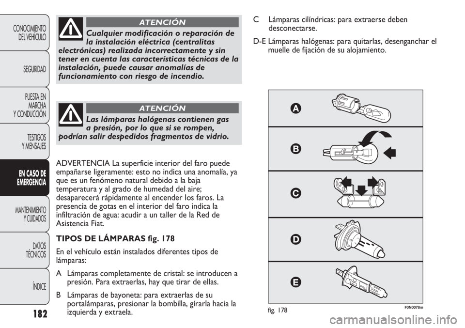 FIAT DUCATO 2013 Manual de Empleo y Cuidado (in Spanish) 182
CONOCIMIENTO
DEL VEHÍCULO
SEGURIDAD
PUESTA EN
MARCHA
Y CONDUCCIÓN
TESTIGOS
Y MENSAJES
EN CASO DE
EMERGENCIA
MANTENIMIENTO
Y CUIDADOS
DATOS
TÉCNICOS
ÍNDICE
F0N0078mfig. 178
Cualquier modificaci FIAT DUCATO 2013 Manual de Empleo y Cuidado (in Spanish) 182
CONOCIMIENTO
DEL VEHÍCULO
SEGURIDAD
PUESTA EN
MARCHA
Y CONDUCCIÓN
TESTIGOS
Y MENSAJES
EN CASO DE
EMERGENCIA
MANTENIMIENTO
Y CUIDADOS
DATOS
TÉCNICOS
ÍNDICE
F0N0078mfig. 178
Cualquier modificaci
