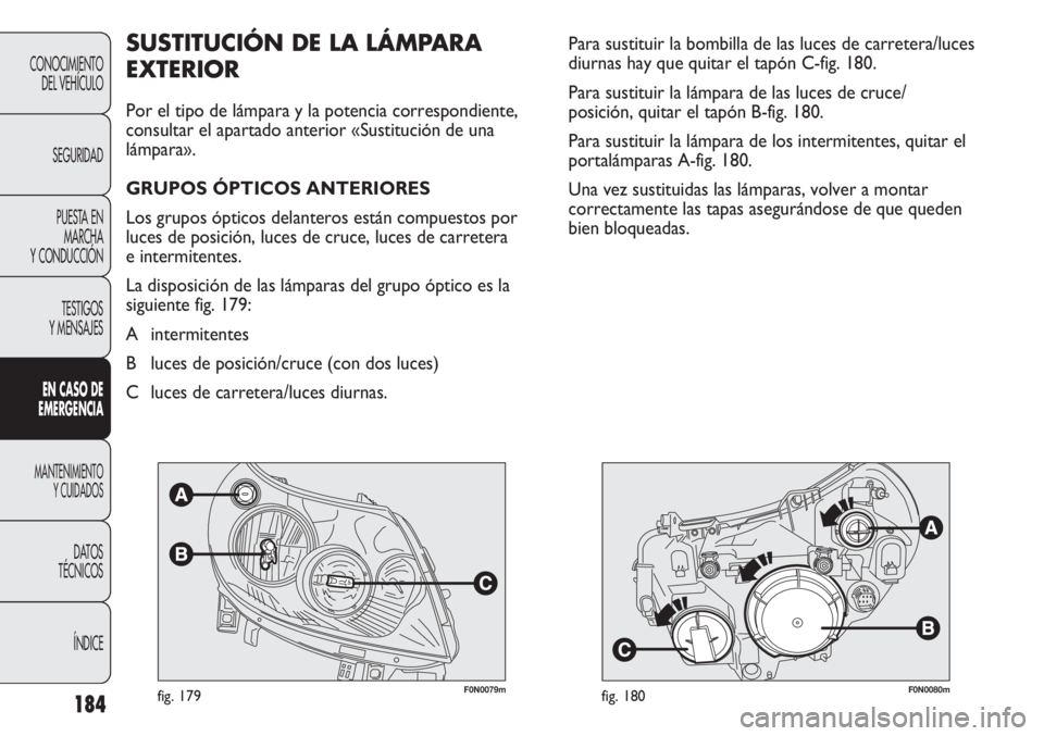 FIAT DUCATO 2013 Manual de Empleo y Cuidado (in Spanish) 184
CONOCIMIENTO
DEL VEHÍCULO
SEGURIDAD
PUESTA EN
MARCHA
Y CONDUCCIÓN
TESTIGOS
Y MENSAJES
EN CASO DE
EMERGENCIA
MANTENIMIENTO
Y CUIDADOS
DATOS
TÉCNICOS
ÍNDICE
F0N0079mfig. 179F0N0080mfig. 180
Para FIAT DUCATO 2013 Manual de Empleo y Cuidado (in Spanish) 184
CONOCIMIENTO
DEL VEHÍCULO
SEGURIDAD
PUESTA EN
MARCHA
Y CONDUCCIÓN
TESTIGOS
Y MENSAJES
EN CASO DE
EMERGENCIA
MANTENIMIENTO
Y CUIDADOS
DATOS
TÉCNICOS
ÍNDICE
F0N0079mfig. 179F0N0080mfig. 180
Para