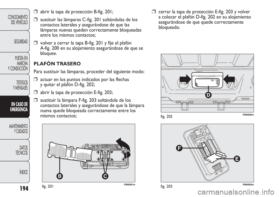 FIAT DUCATO 2013 Manual de Empleo y Cuidado (in Spanish) 194
CONOCIMIENTO
DEL VEHÍCULO
SEGURIDAD
PUESTA EN
MARCHA
Y CONDUCCIÓN
TESTIGOS
Y MENSAJES
EN CASO DE
EMERGENCIA
MANTENIMIENTO
Y CUIDADOS
DATOS
TÉCNICOS
ÍNDICE
F0N0091mfig. 201
❒abrir la tapa de FIAT DUCATO 2013 Manual de Empleo y Cuidado (in Spanish) 194
CONOCIMIENTO
DEL VEHÍCULO
SEGURIDAD
PUESTA EN
MARCHA
Y CONDUCCIÓN
TESTIGOS
Y MENSAJES
EN CASO DE
EMERGENCIA
MANTENIMIENTO
Y CUIDADOS
DATOS
TÉCNICOS
ÍNDICE
F0N0091mfig. 201
❒abrir la tapa de
