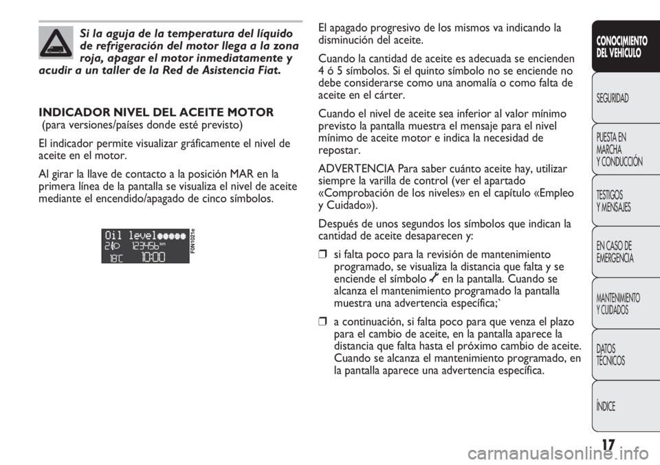 FIAT DUCATO 2012  Manual de Empleo y Cuidado (in Spanish) 17
CONOCIMIENTO
DEL VEHÍCULO
SEGURIDAD
PUESTA EN
MARCHA
Y CONDUCCIÓN
TESTIGOS
Y MENSAJES
EN CASO DE
EMERGENCIA
MANTENIMIENTO
Y CUIDADOS
DATOS
TÉCNICOS
ÍNDICE
Si la aguja de la temperatura del líq