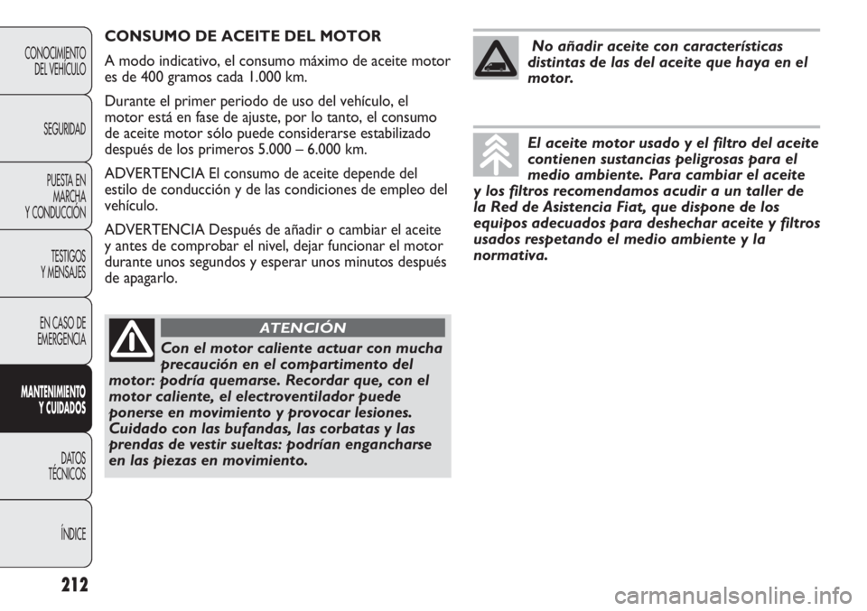 FIAT DUCATO 2013 Manual de Empleo y Cuidado (in Spanish) 212
CONOCIMIENTO
DEL VEHÍCULO
SEGURIDAD
PUESTA EN
MARCHA
Y CONDUCCIÓN
TESTIGOS
Y MENSAJES
EN CASO DE
EMERGENCIA
MANTENIMIENTO
Y CUIDADOS
DATOS
TÉCNICOS
ÍNDICE
CONSUMO DE ACEITE DEL MOTOR
A modo in FIAT DUCATO 2013 Manual de Empleo y Cuidado (in Spanish) 212
CONOCIMIENTO
DEL VEHÍCULO
SEGURIDAD
PUESTA EN
MARCHA
Y CONDUCCIÓN
TESTIGOS
Y MENSAJES
EN CASO DE
EMERGENCIA
MANTENIMIENTO
Y CUIDADOS
DATOS
TÉCNICOS
ÍNDICE
CONSUMO DE ACEITE DEL MOTOR
A modo in