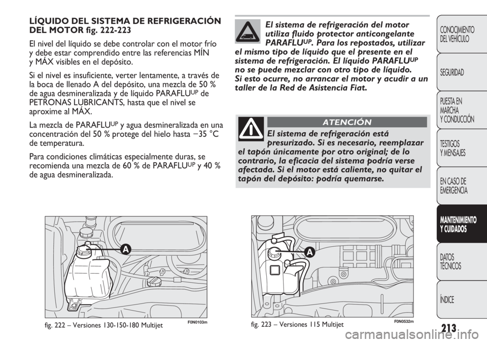 FIAT DUCATO 2013 Manual de Empleo y Cuidado (in Spanish) 213
CONOCIMIENTO
DEL VEHÍCULO
SEGURIDAD
PUESTA EN
MARCHA
Y CONDUCCIÓN
TESTIGOS
Y MENSAJES
EN CASO DE
EMERGENCIA
MANTENIMIENTO
Y CUIDADOS
DATOS
TÉCNICOS
ÍNDICE
F0N0103mfig. 222 – Versiones 130-15 FIAT DUCATO 2013 Manual de Empleo y Cuidado (in Spanish) 213
CONOCIMIENTO
DEL VEHÍCULO
SEGURIDAD
PUESTA EN
MARCHA
Y CONDUCCIÓN
TESTIGOS
Y MENSAJES
EN CASO DE
EMERGENCIA
MANTENIMIENTO
Y CUIDADOS
DATOS
TÉCNICOS
ÍNDICE
F0N0103mfig. 222 – Versiones 130-15