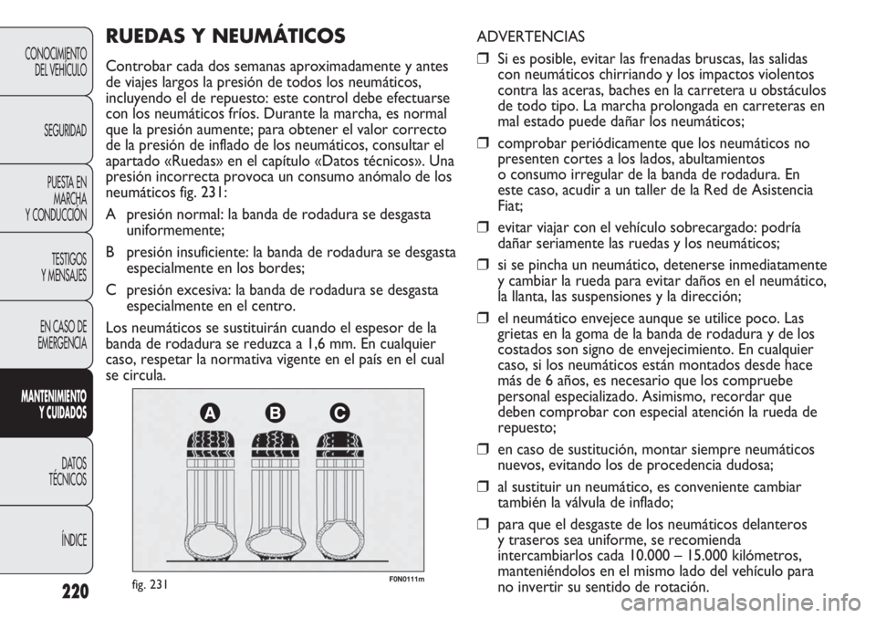 FIAT DUCATO 2013 Manual de Empleo y Cuidado (in Spanish) 220
CONOCIMIENTO
DEL VEHÍCULO
SEGURIDAD
PUESTA EN
MARCHA
Y CONDUCCIÓN
TESTIGOS
Y MENSAJES
EN CASO DE
EMERGENCIA
MANTENIMIENTO
Y CUIDADOS
DATOS
TÉCNICOS
ÍNDICE
F0N0111mfig. 231
ADVERTENCIAS
❒Si e FIAT DUCATO 2013 Manual de Empleo y Cuidado (in Spanish) 220
CONOCIMIENTO
DEL VEHÍCULO
SEGURIDAD
PUESTA EN
MARCHA
Y CONDUCCIÓN
TESTIGOS
Y MENSAJES
EN CASO DE
EMERGENCIA
MANTENIMIENTO
Y CUIDADOS
DATOS
TÉCNICOS
ÍNDICE
F0N0111mfig. 231
ADVERTENCIAS
❒Si e