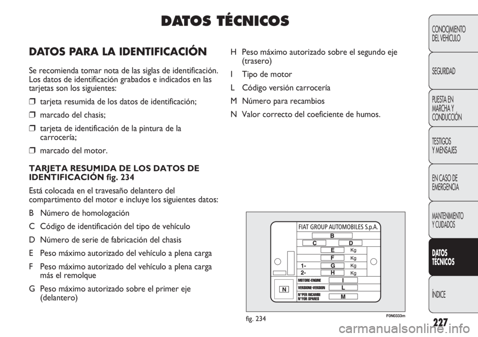 FIAT DUCATO 2013 Manual de Empleo y Cuidado (in Spanish) 227
CONOCIMIENTO
DEL VEHÍCULO
SEGURIDAD
PUESTA EN
MARCHA Y
CONDUCCIÓN
TESTIGOS
Y MENSAJES
EN CASO DE
EMERGENCIA
MANTENIMIENTO
Y CUIDADOS
DATOS
TÉCNICOS
ÍNDICE
F0N0333mfig. 234
H Peso máximo autor FIAT DUCATO 2013 Manual de Empleo y Cuidado (in Spanish) 227
CONOCIMIENTO
DEL VEHÍCULO
SEGURIDAD
PUESTA EN
MARCHA Y
CONDUCCIÓN
TESTIGOS
Y MENSAJES
EN CASO DE
EMERGENCIA
MANTENIMIENTO
Y CUIDADOS
DATOS
TÉCNICOS
ÍNDICE
F0N0333mfig. 234
H Peso máximo autor