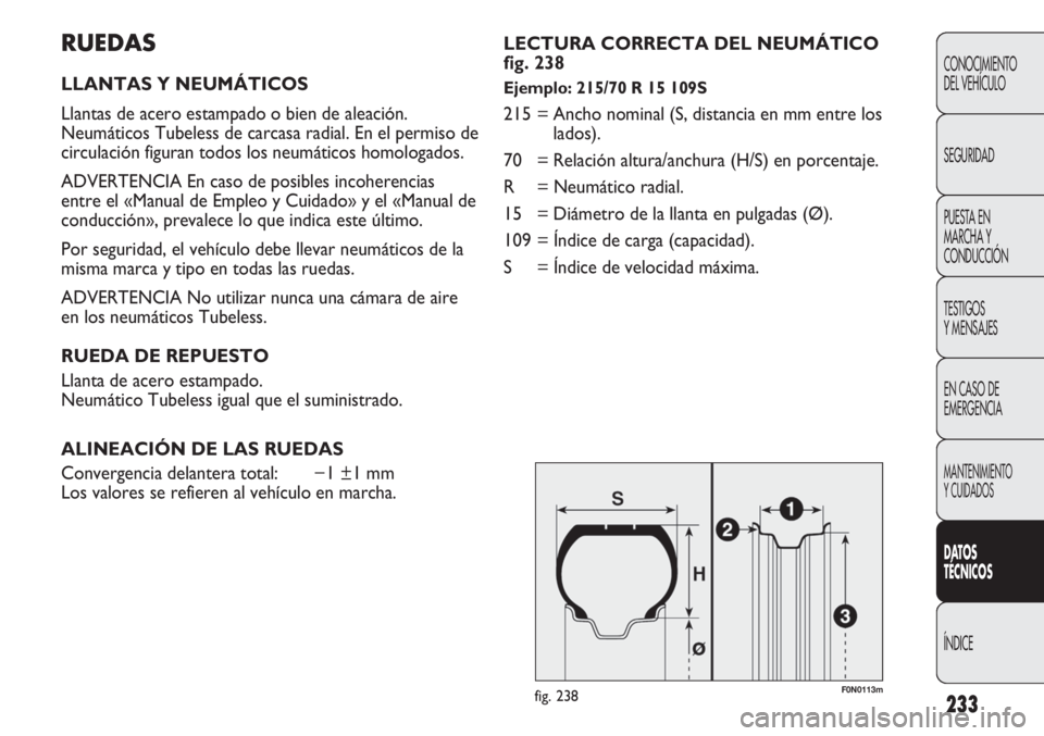 FIAT DUCATO 2013 Manual de Empleo y Cuidado (in Spanish) 233
RUEDAS
LLANTAS Y NEUMÁTICOS
Llantas de acero estampado o bien de aleación.
Neumáticos Tubeless de carcasa radial. En el permiso de
circulación figuran todos los neumáticos homologados.
ADVERT FIAT DUCATO 2013 Manual de Empleo y Cuidado (in Spanish) 233
RUEDAS
LLANTAS Y NEUMÁTICOS
Llantas de acero estampado o bien de aleación.
Neumáticos Tubeless de carcasa radial. En el permiso de
circulación figuran todos los neumáticos homologados.
ADVERT