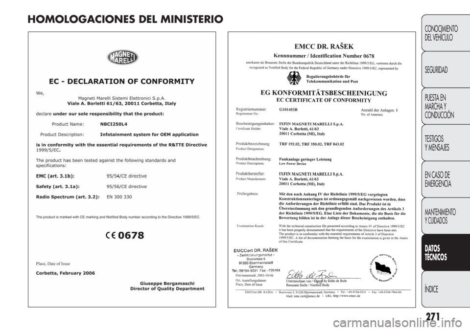 FIAT DUCATO 2013 Manual de Empleo y Cuidado (in Spanish) 271
CONOCIMIENTO
DEL VEHÍCULO
SEGURIDAD
PUESTA EN
MARCHA Y
CONDUCCIÓN
TESTIGOS
Y MENSAJES
EN CASO DE
EMERGENCIA
MANTENIMIENTO
Y CUIDADOS
DATOS
TÉCNICOS
ÍNDICE
HOMOLOGACIONES DEL MINISTERIO FIAT DUCATO 2013 Manual de Empleo y Cuidado (in Spanish) 271
CONOCIMIENTO
DEL VEHÍCULO
SEGURIDAD
PUESTA EN
MARCHA Y
CONDUCCIÓN
TESTIGOS
Y MENSAJES
EN CASO DE
EMERGENCIA
MANTENIMIENTO
Y CUIDADOS
DATOS
TÉCNICOS
ÍNDICE
HOMOLOGACIONES DEL MINISTERIO