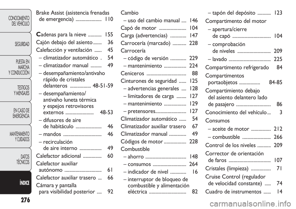 FIAT DUCATO 2012  Manual de Empleo y Cuidado (in Spanish) 276
CONOCIMIENTO
DEL VEHÍCULO
SEGURIDAD
PUESTA EN
MARCHA
Y CONDUCCIÓN
TESTIGOS
Y MENSAJES
EN CASO DE
EMERGENCIA
MANTENIMIENTO
Y CUIDADOS
DATOS
TÉCNICOS
ÍNDICE
Brake Assist (asistencia frenadas
de 