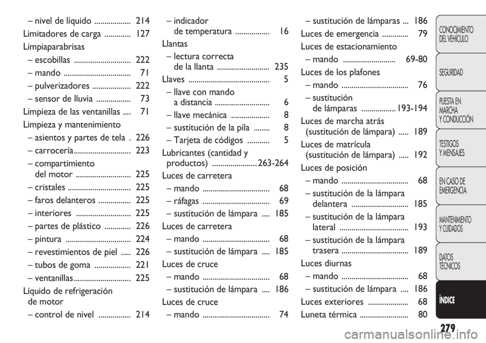 FIAT DUCATO 2012  Manual de Empleo y Cuidado (in Spanish) 279
CONOCIMIENTO
DEL VEHÍCULO
SEGURIDAD
PUESTA EN
MARCHA
Y CONDUCCIÓN
TESTIGOS
Y MENSAJES
EN CASO DE
EMERGENCIA
MANTENIMIENTO
Y CUIDADOS
DATOS
TÉCNICOS
ÍNDICE
– nivel de líquido ...............