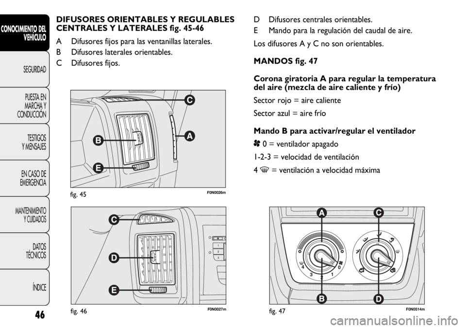 FIAT DUCATO 2012  Manual de Empleo y Cuidado (in Spanish) F0N0026mfig. 45
F0N0027mfig. 46F0N0514mfig. 47
D Difusores centrales orientables.
E Mando para la regulación del caudal de aire.
Los difusores A y C no son orientables.
MANDOS fig. 47
Corona giratori