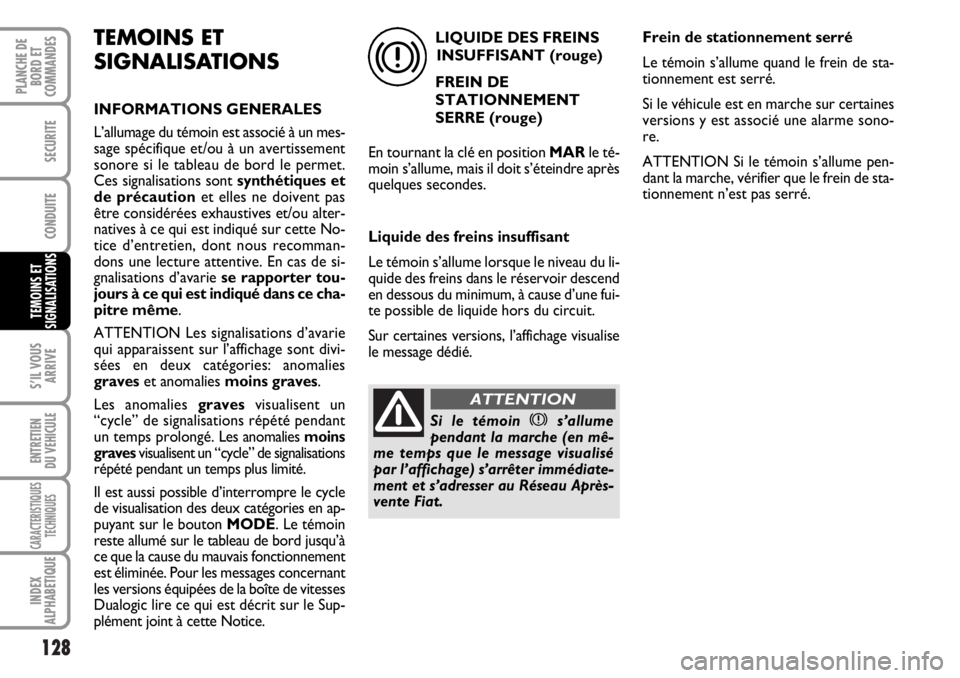 FIAT DUCATO 2006 Notice dentretien (in French) 128
S’IL VOUS
ARRIVE
ENTRETIEN
DU VEHICULE
CARACTERISTIQUES
TECHNIQUES
INDEX
ALPHABETIQUE
PLANCHE DE
BORD ET
COMMANDES
SECURITE
CONDUITE
TEMOINS ET
SIGNALISATIONS
TEMOINS ET
SIGNALISATIONS
INFORMATI FIAT DUCATO 2006 Notice dentretien (in French) 128
S’IL VOUS
ARRIVE
ENTRETIEN
DU VEHICULE
CARACTERISTIQUES
TECHNIQUES
INDEX
ALPHABETIQUE
PLANCHE DE
BORD ET
COMMANDES
SECURITE
CONDUITE
TEMOINS ET
SIGNALISATIONS
TEMOINS ET
SIGNALISATIONS
INFORMATI