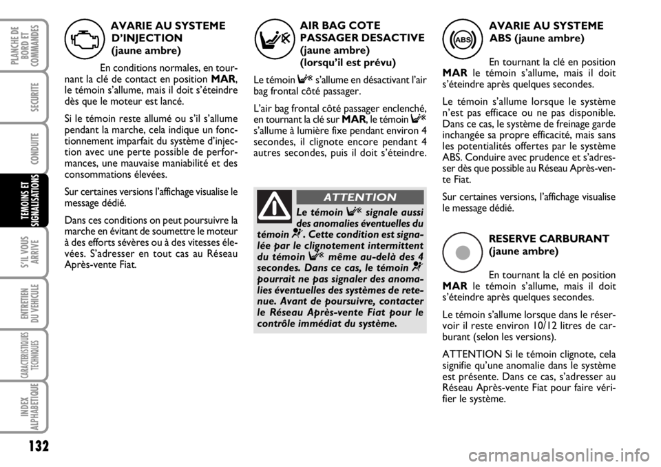 FIAT DUCATO 2006 Notice dentretien (in French) ç
RESERVE CARBURANT
(jaune ambre)
En tournant la clé en position
MARle témoin s’allume, mais il doit
s’éteindre après quelques secondes.
Le témoin s’allume lorsque dans le réser-
voir il FIAT DUCATO 2006 Notice dentretien (in French) ç
RESERVE CARBURANT
(jaune ambre)
En tournant la clé en position
MARle témoin s’allume, mais il doit
s’éteindre après quelques secondes.
Le témoin s’allume lorsque dans le réser-
voir il