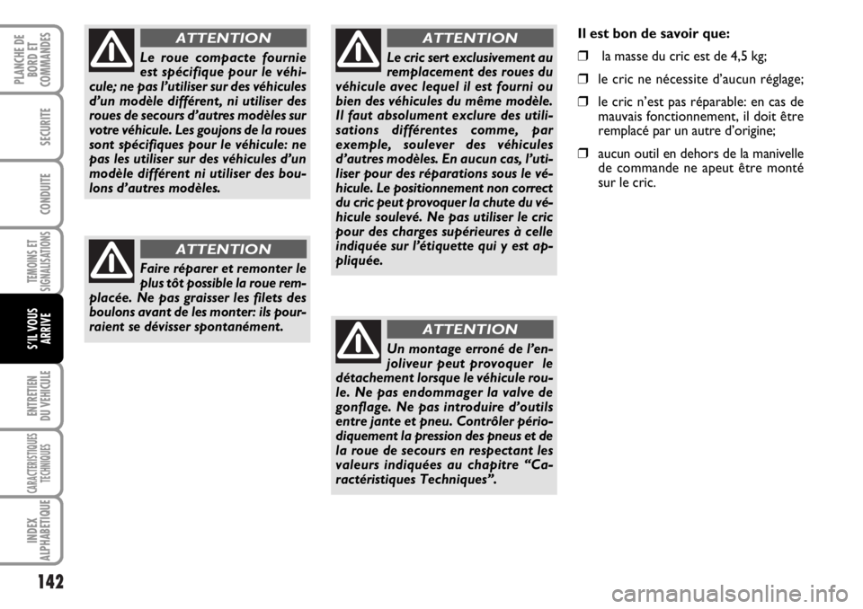 FIAT DUCATO 2006  Notice dentretien (in French) 142
TEMOINS ET
SIGNALISATIONS
ENTRETIEN
DU VEHICULE
CARACTERISTIQUES
TECHNIQUES
INDEX
ALPHABETIQUE
PLANCHE DE
BORD ET
COMMANDES
SECURITE
CONDUITE
S’IL VOUS
ARRIVE
Le roue compacte fournie
est spéci
