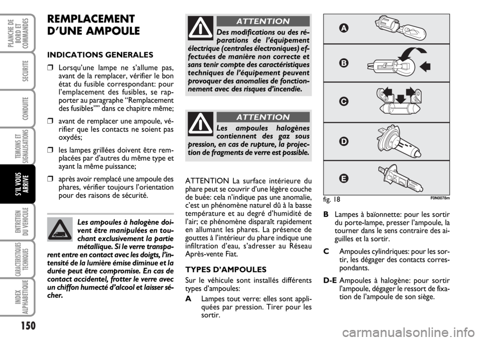 FIAT DUCATO 2006 Notice dentretien (in French) 150
TEMOINS ET
SIGNALISATIONS
ENTRETIEN
DU VEHICULE
CARACTERISTIQUES
TECHNIQUES
INDEX
ALPHABETIQUE
PLANCHE DE
BORD ET
COMMANDES
SECURITE
CONDUITE
S’IL VOUS
ARRIVE
REMPLACEMENT
D’UNE AMPOULE
INDICA FIAT DUCATO 2006 Notice dentretien (in French) 150
TEMOINS ET
SIGNALISATIONS
ENTRETIEN
DU VEHICULE
CARACTERISTIQUES
TECHNIQUES
INDEX
ALPHABETIQUE
PLANCHE DE
BORD ET
COMMANDES
SECURITE
CONDUITE
S’IL VOUS
ARRIVE
REMPLACEMENT
D’UNE AMPOULE
INDICA