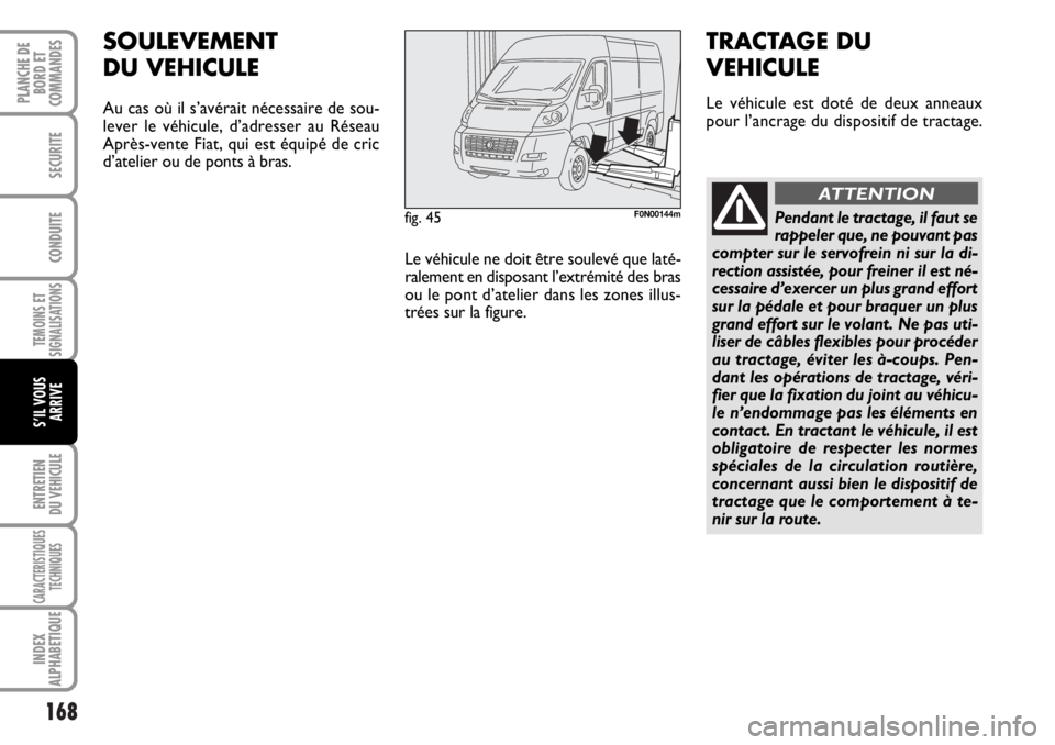 FIAT DUCATO 2006  Notice dentretien (in French) 168
TEMOINS ET
SIGNALISATIONS
ENTRETIEN
DU VEHICULE
CARACTERISTIQUES
TECHNIQUES
INDEX
ALPHABETIQUE
PLANCHE DE
BORD ET
COMMANDES
SECURITE
CONDUITE
S’IL VOUS
ARRIVE
fig. 45F0N00144m
SOULEVEMENT
DU VEH