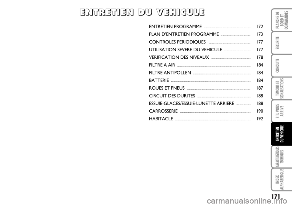 FIAT DUCATO 2006  Notice dentretien (in French) 171
TEMOINS ET
SIGNALISATIONS
CARACTERISTIQUES
TECHNIQUES
INDEX
ALPHABETIQUE
PLANCHE DE
BORD ET
COMMANDES
SECURITE
CONDUITE
S’IL VOUS
ARRIVE
ENTRETIEN
DU VEHICULE
ENTRETIEN PROGRAMME  ..............