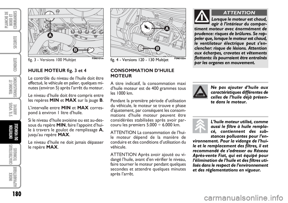 FIAT DUCATO 2006  Notice dentretien (in French) CONSOMMATION D’HUILE
MOTEUR
A titre indicatif, la consommation maxi
d’huile moteur est de 400 grammes tous
les 1000 km.
Pendant la première période d’utilisation
du véhicule, le moteur se tro