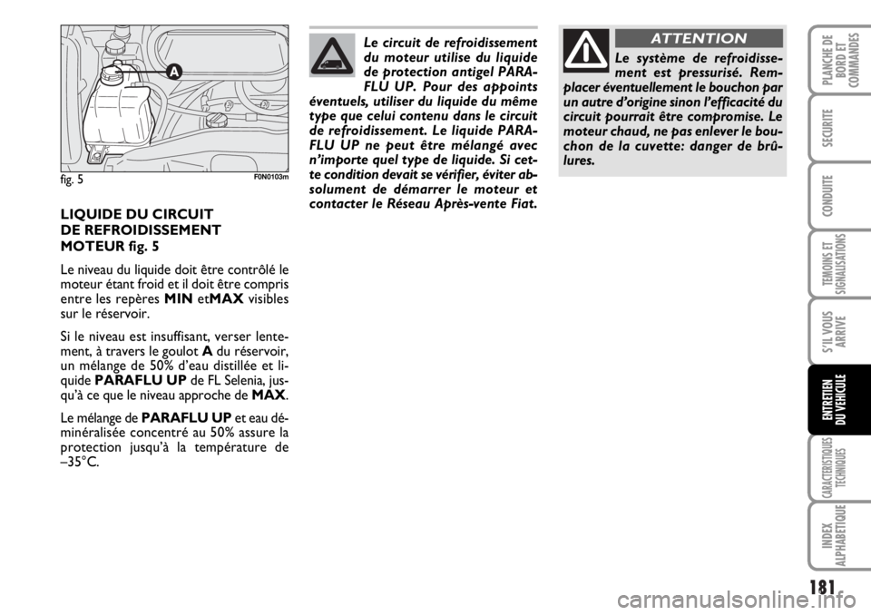 FIAT DUCATO 2006  Notice dentretien (in French) 181
TEMOINS ET
SIGNALISATIONS
CARACTERISTIQUES
TECHNIQUES
INDEX
ALPHABETIQUE
PLANCHE DE
BORD ET
COMMANDES
SECURITE
CONDUITE
S’IL VOUS
ARRIVE
ENTRETIEN
DU VEHICULE
LIQUIDE DU CIRCUIT 
DE REFROIDISSEM