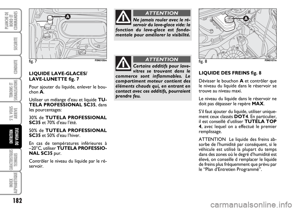 FIAT DUCATO 2006  Notice dentretien (in French) 182
TEMOINS ET
SIGNALISATIONS
CARACTERISTIQUES
TECHNIQUES
INDEX
ALPHABETIQUE
PLANCHE DE
BORD ET
COMMANDES
SECURITE
CONDUITE
S’IL VOUS
ARRIVE
ENTRETIEN
DU VEHICULE
LIQUIDE DES FREINS fig. 8
Dévisser